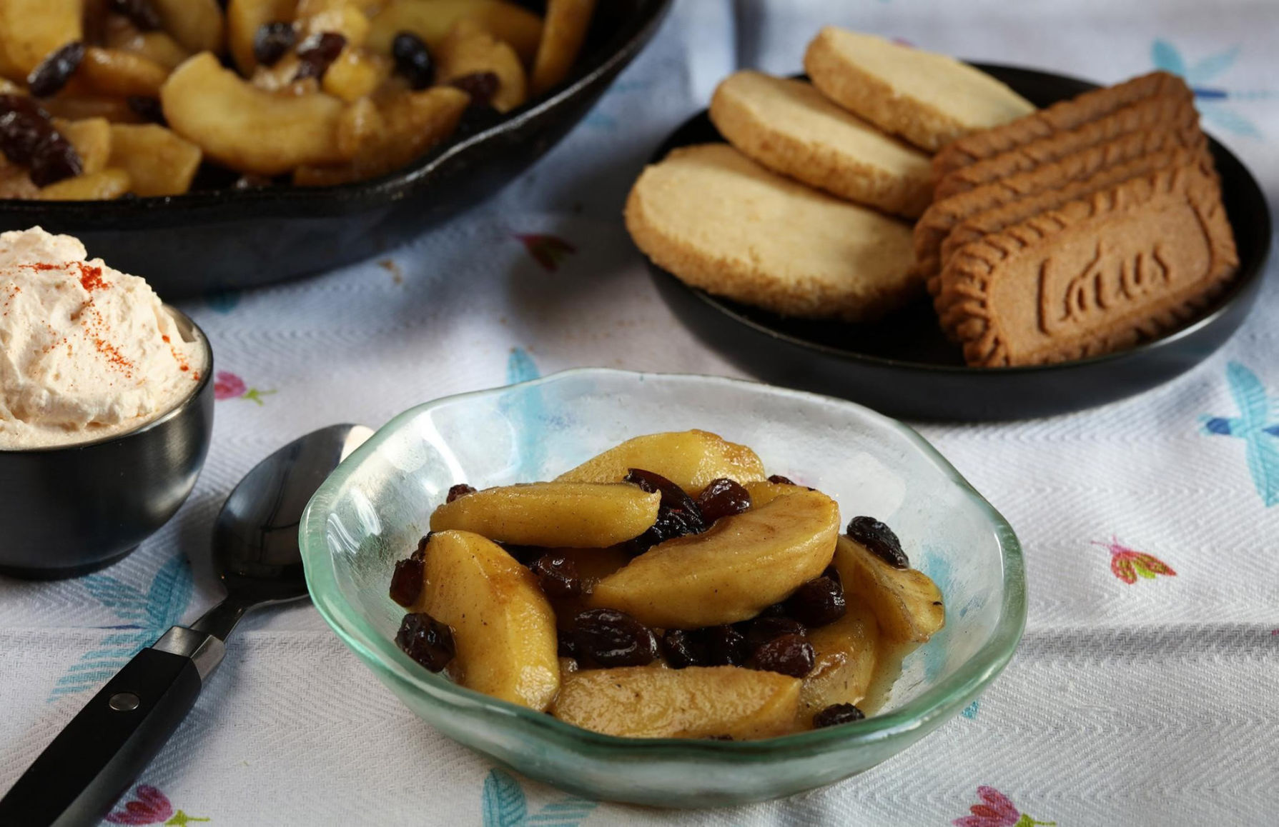 Skillet apples with whipped cream - something akin to a crustless strudel - is an ideal dessert for your paprikash dinner.